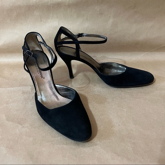 Dolce & Gabbana | Suede Ankle Strap Almond Toe Heels Black Size 7.5 (EU 37.5) - Picture 1 of 13